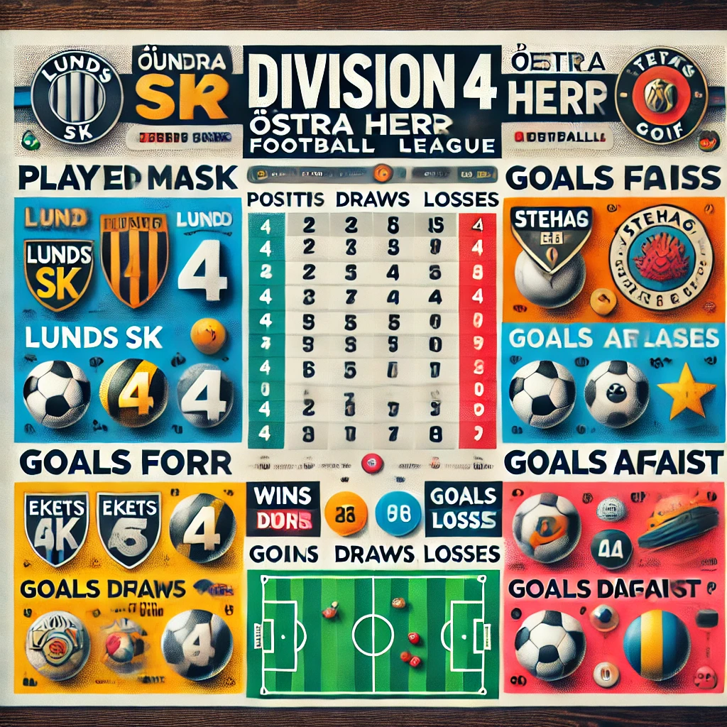 "Denna infographic ger en överskådlig bild av ställningen i Division 4 Östra Herr, med fokus på de aktuella prestationerna från lag som Lunds SK och Stehags AIF. Informationen är presenterad på ett engagerande och lättförståeligt sätt, vilket gör den idealisk för fotbollsfans som vill hålla sig uppdaterade om ligans utveckling."