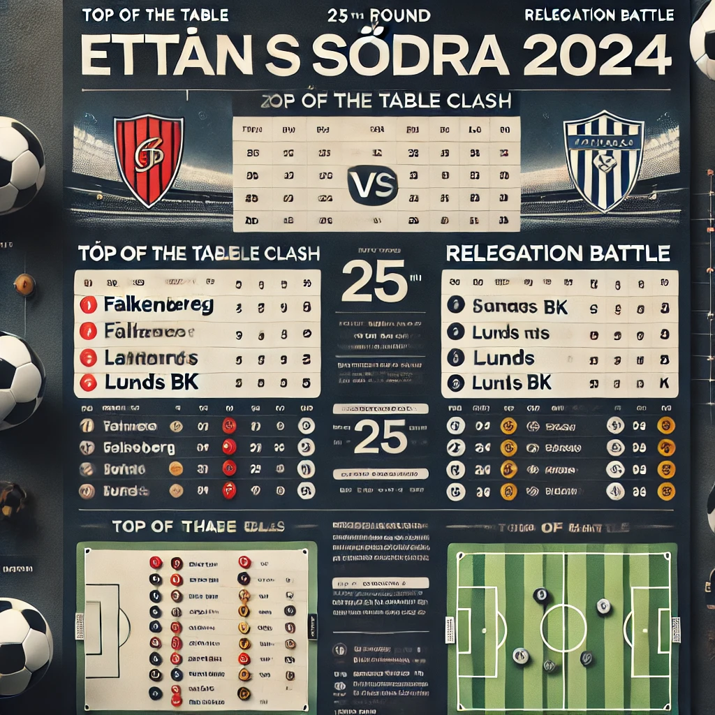 En dynamisk fotbollsblogg med en tydlig förhandsgranskning av omgång 25 i Ettan Södra 2024. Bloggposten visar en modern layout med sektioner för toppstriden och nedflyttningsstriden. Tabeller, laghemsidor och kommande matcher framhävs, med fotbollsvisualer som förstärker inläggets tema.