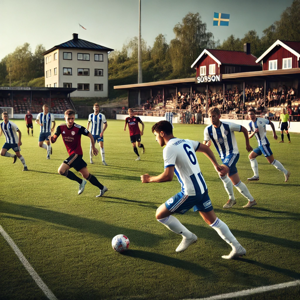 Bilden visar en fotbollsmatch i en lägre division i Sverige. Två lag tävlar på en gräsplan i en lokal stadion med små läktare och träd i bakgrunden. Ett lag är klädda i blått och vitt medan det andra laget bär rödsvarta dräkter. Fokuset är på en spelare som kontrollerar bollen, medan medspelare och motståndare närmar sig. Solen är låg på himlen, vilket ger ett varmt ljus och långa skuggor över planen.