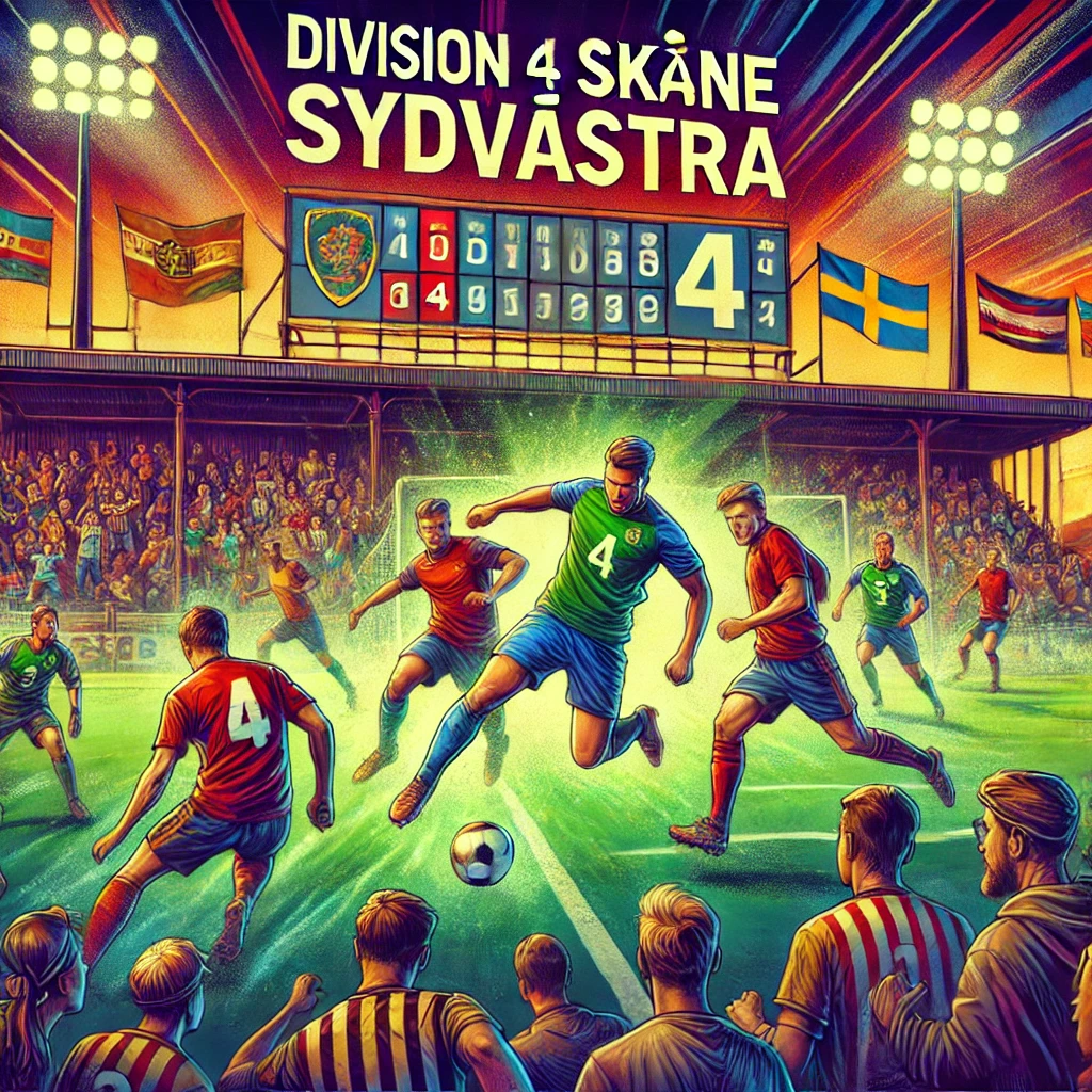 En livlig illustration som fångar dramatiken och spänningen från en fotbollsmatch i Division 4 Skåne Sydvästra. Bilden visar spelare i aktion på planen, med en entusiastisk publik i bakgrunden. Det intensiva spelet, kombinerat med känslan av gemenskap och konkurrens, skapar en fängslande atmosfär.