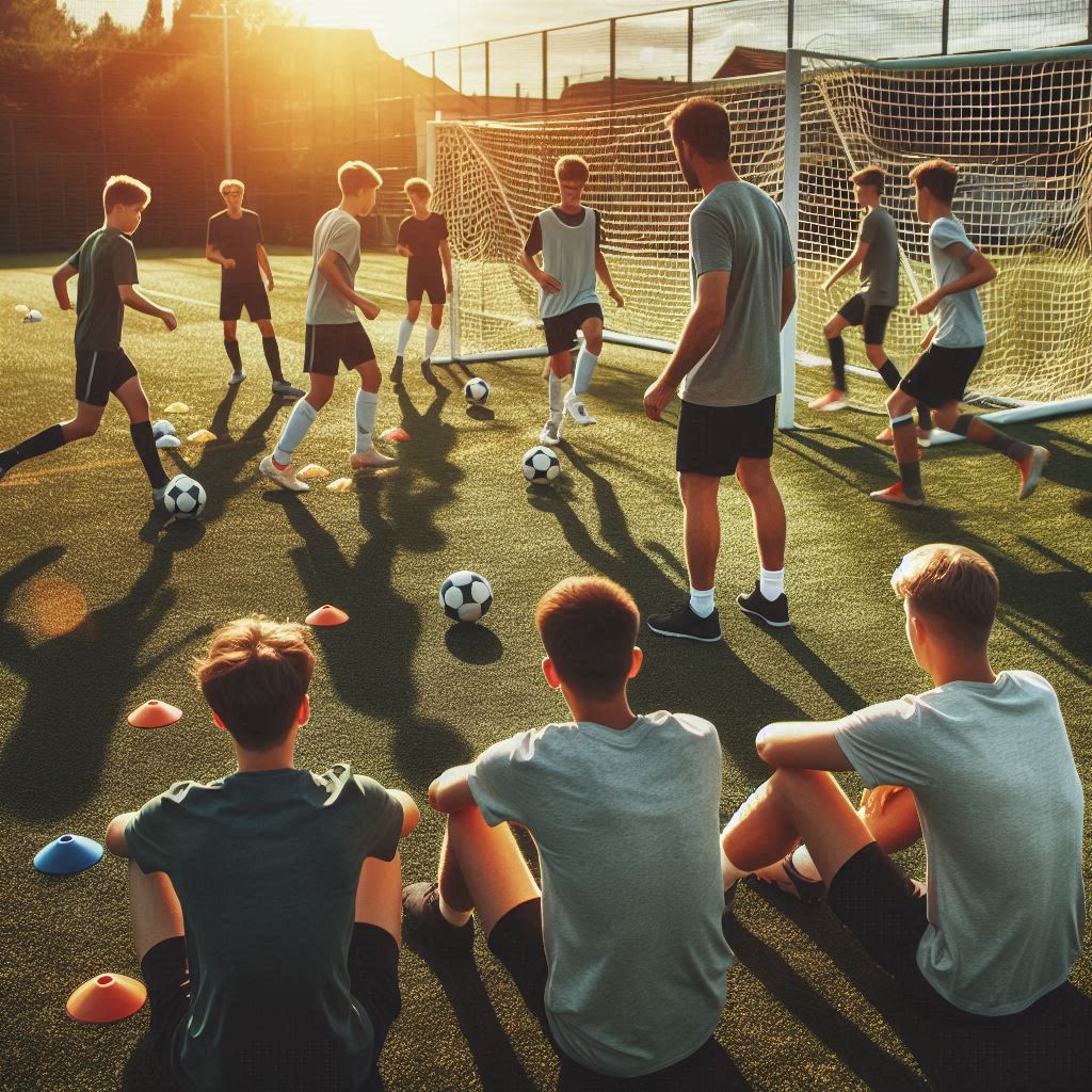 En fotbollsplan i soligt väder, med en grupp unga spelare som tränar tillsammans. Spelarna utför olika övningar, inklusive dribbling och passningar, under ledning av en engagerad tränare. I bakgrunden syns en målbur och koner placerade strategiskt på planen. Det är en inspirerande och energisk atmosfär som fångar passionen för fotboll och utveckling av färdigheter.