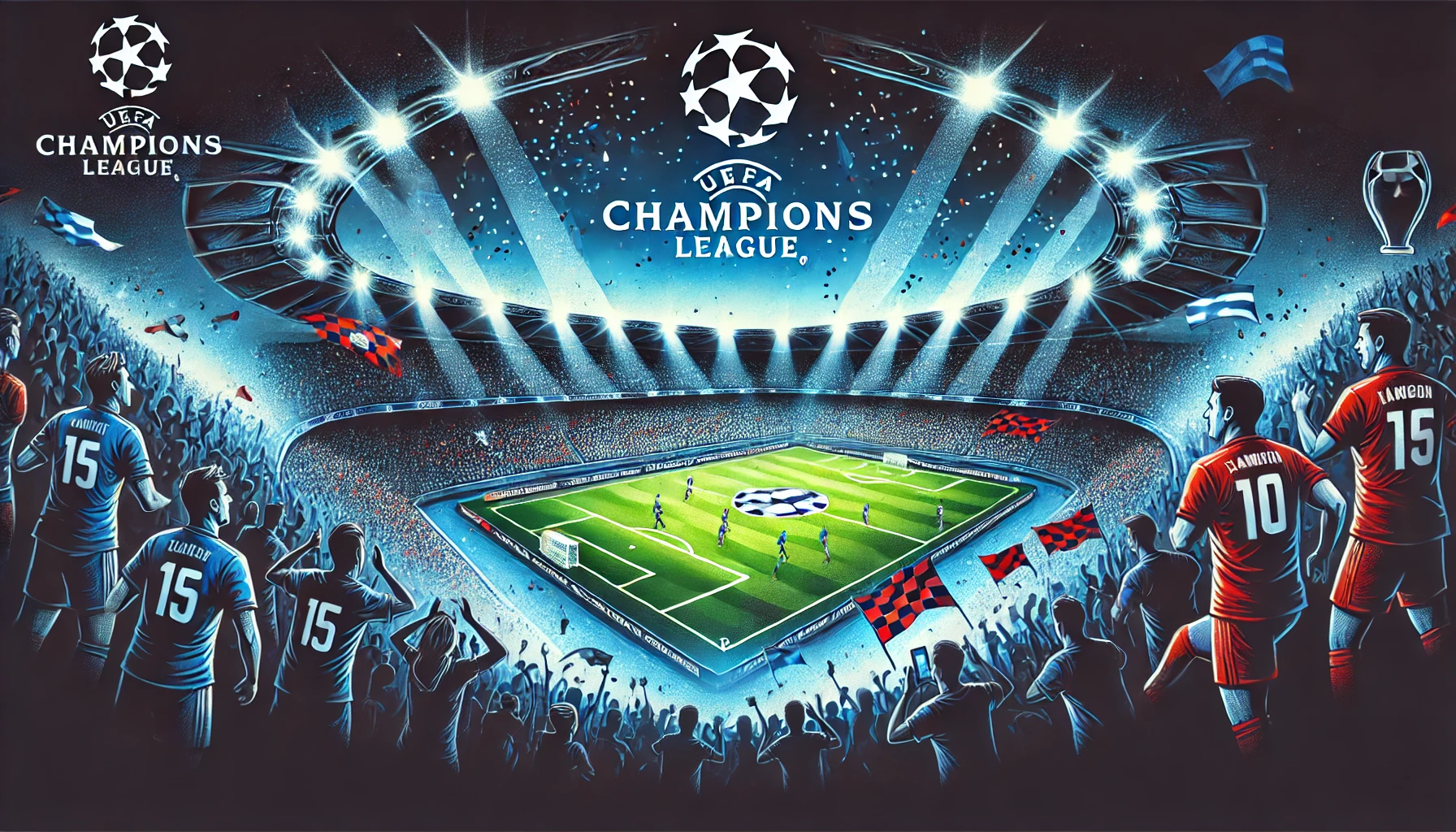 En levande illustration av en Champions League-match på en fullsatt arena under natthimlen. Intensiv action på planen, omgiven av jublande fans, starka strålkastare och en atmosfär av firande med konfetti och färgglada flaggor.