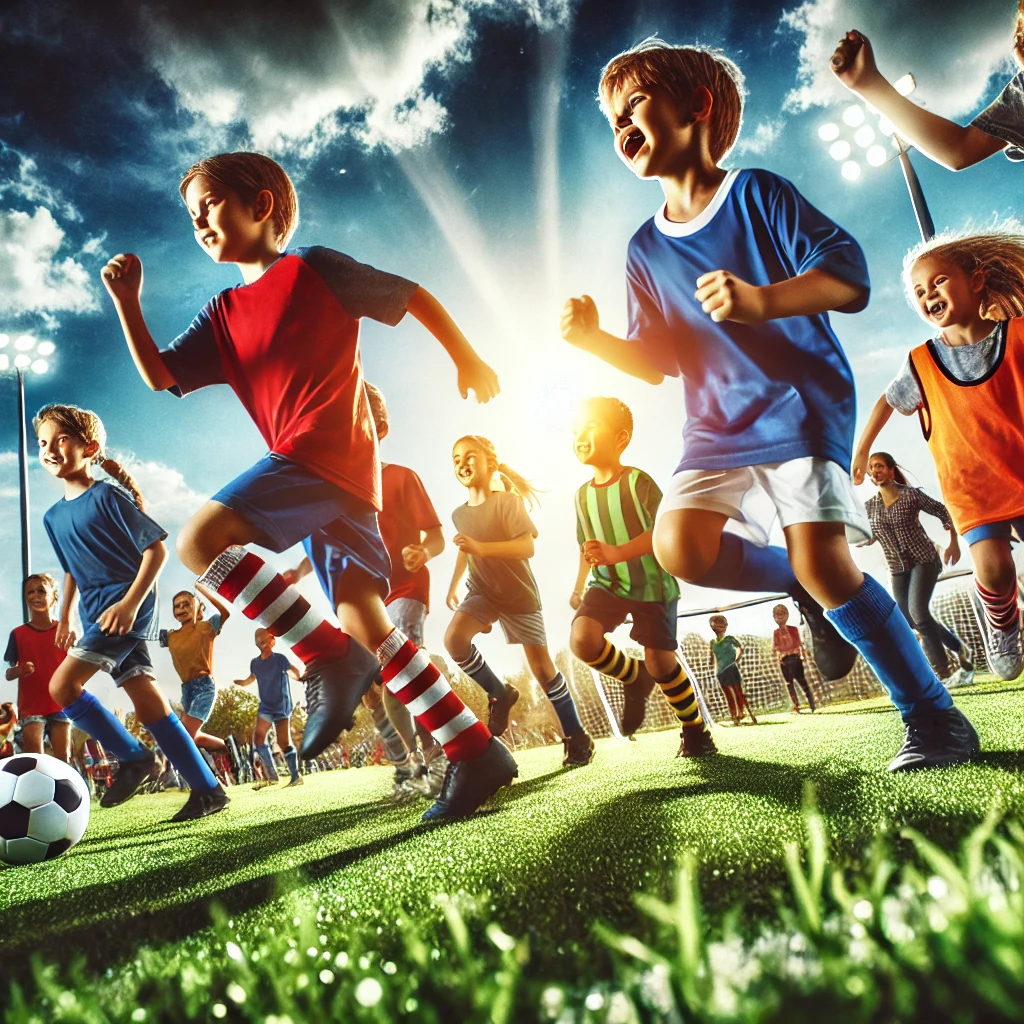 En inspirerande bild som visar en grupp unga barn som spelar fotboll på en grön gräsplan under en klar blå himmel. Barnen är klädda i färgglada matchkläder, vilket symboliserar glädje och mångfald inom sporten. På sidan av planen står en tränare och ger instruktioner, vilket representerar vikten av vägledning och utbildning. I bakgrunden syns engagerade föräldrar som tittar på, vilket betonar stödet från omgivningen.