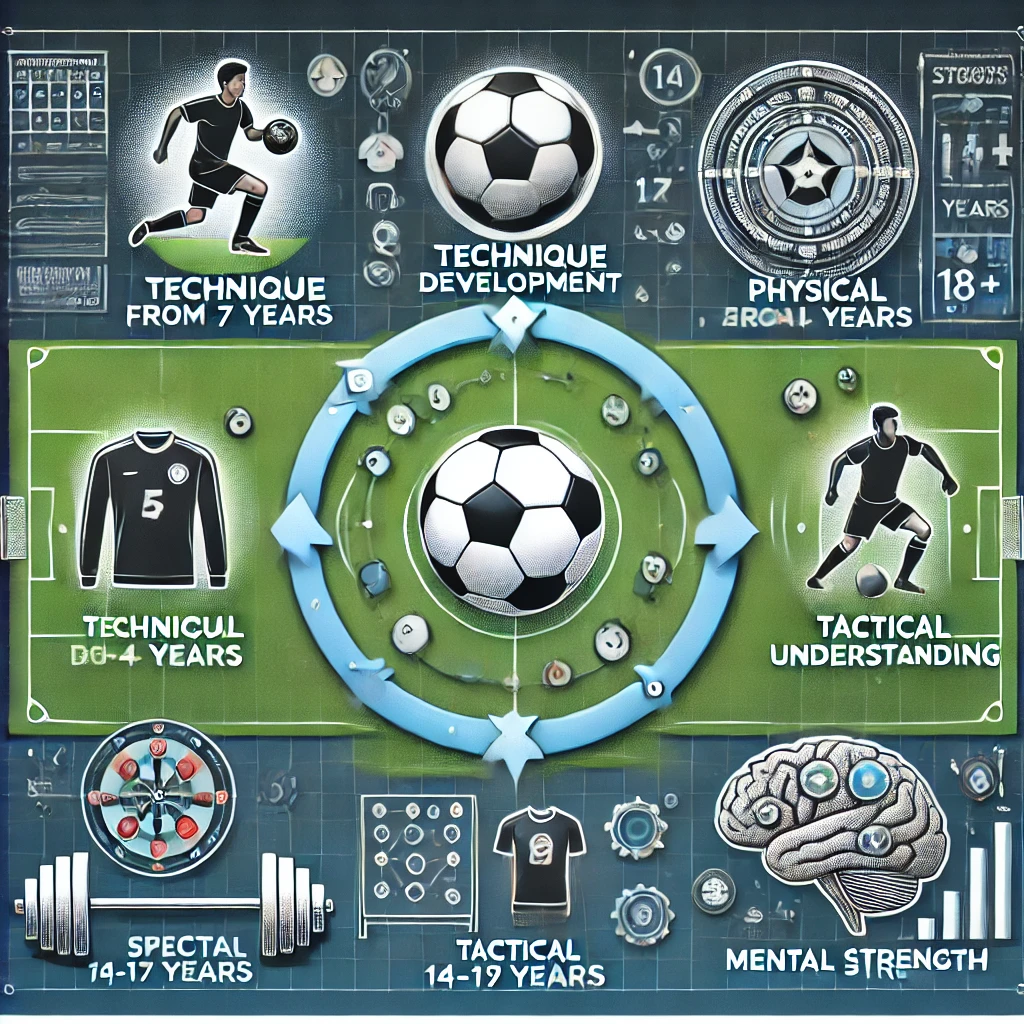 Att utveckla en elitfotbollsspelare är en lång och komplex process som kräver att spelaren genomgår flera utvecklingsstadier. Från en ung ålder börjar fokus på teknik och bollkontroll, för att senare utveckla fysik, taktiskt kunnande och mental styrka. Varje fas är avgörande för att bygga en spelare som kan prestera på högsta nivå. För att ge en tydlig bild av denna utveckling, använder vi en graf som visar de olika stegen en spelare genomgår för att bli en elitspelare.