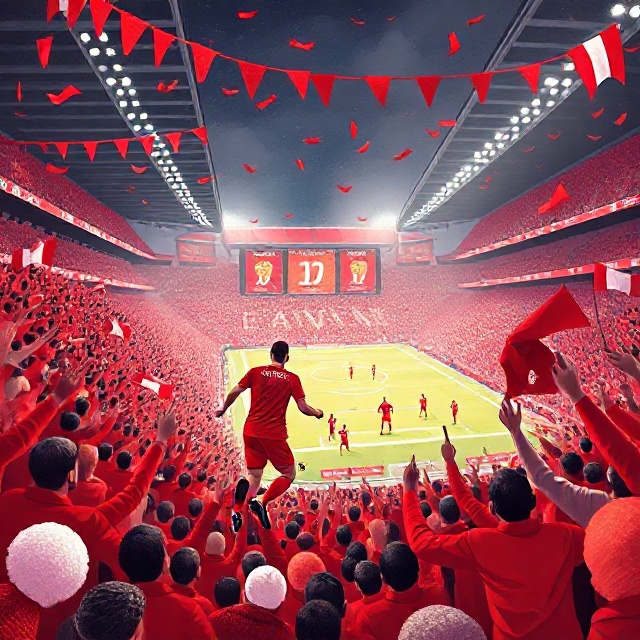"Liverpools nyförvärv Hugo Ekitike sprinter mot målet under premiärmatchen mot Bournemouth på en fullsatt Anfield. Publiken viftar med röda flaggor och en stor tifon hyllar bortgångne Diogo Jota. Mohamed Salah och Federico Chiesa syns i bakgrunden under stadionljusen."