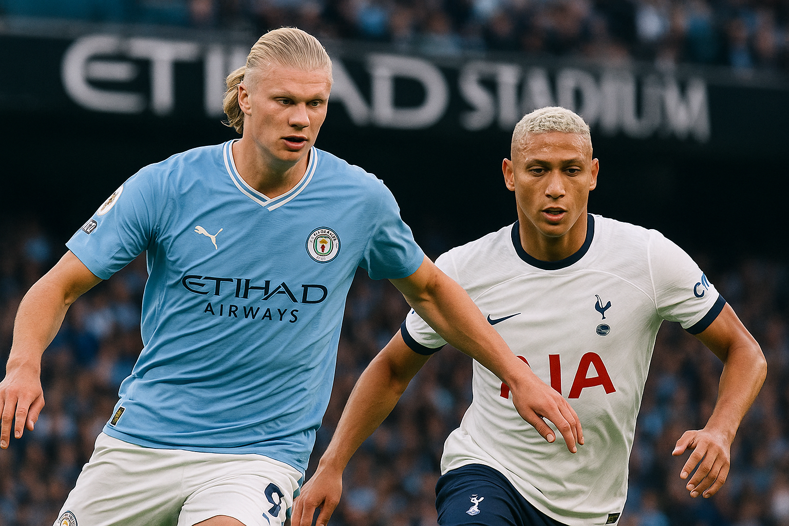 Erling Haaland i Manchester Citys ljusblå tröja i duell med Richarlison i Tottenhams vita matchställ under en Premier League-match på Etihad Stadium.