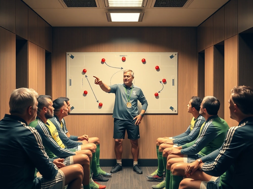 Fotbollstränare instruerar sitt lag framför en taktiktavla i ett professionellt omklädningsrum, medan spelarna lyssnar fokuserat.