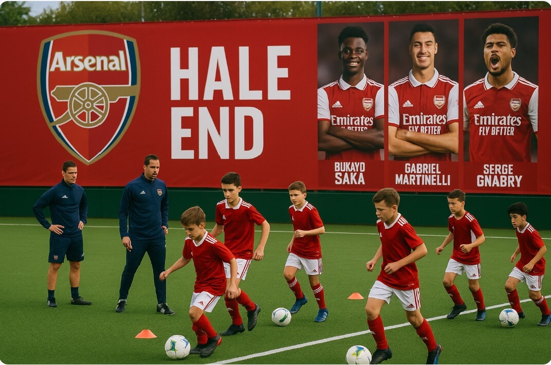 Ungdomsspelare tränar på fotbollsplanen vid Arsenals Hale End-akademi, med en bakgrund som visar bilder av Bukayo Saka, Gabriel Martinelli och Serge Gnabry samt Arsenal-logotypen.