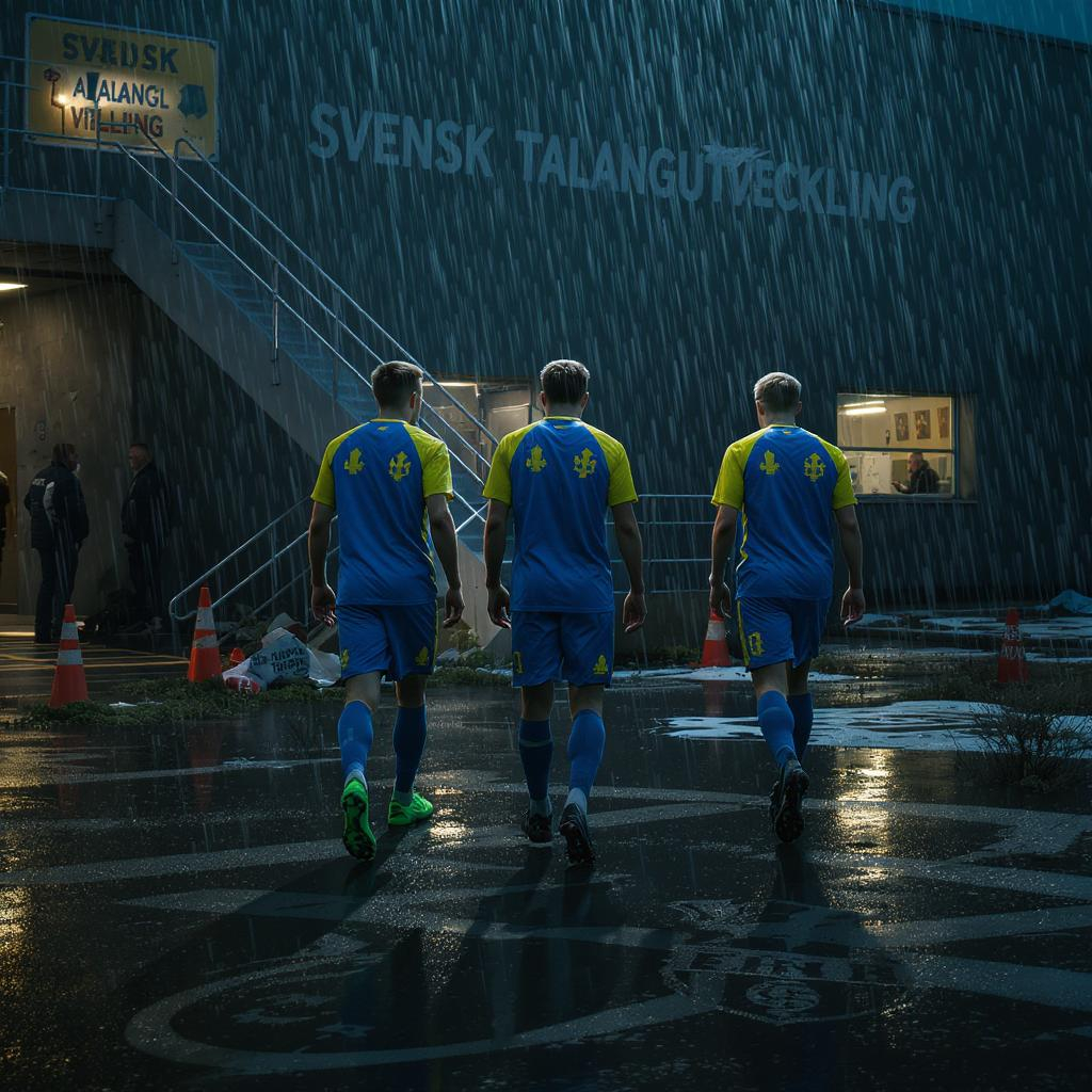 Generera en fotorealistisk bild med: Tre unga fotbollsspelare (18-19 år) i svenska ungdomslandslagströjor som går mot ett privatflyg på Arlanda under kraftigt regn. Bakom dem kollapsar en fotbollsakademi med trasiga fönster där tränare stirrar på whiteboards. På marken: mossiga koner märkta '12-16 år', en söndertrampad manual med texten 'LAGFÖRST', och skuggorna som förvandlas till Frankfurt, Tottenham och Barcelona-loggor. Stämning: Dramatisk kontrast mellan kallt blått ljus och flygplans interiörs varma sken. Stil: Redaktionell sportfotografi med hög dynamik."*