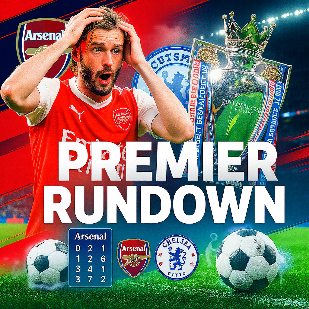 Kollagebild för Premier League-artikel visande Viktor Gyökeres målgest, Premier League-pokalen, Arsenal och Chelsea-loggor samt tabell med topplagen på grön fotbollsplan.
