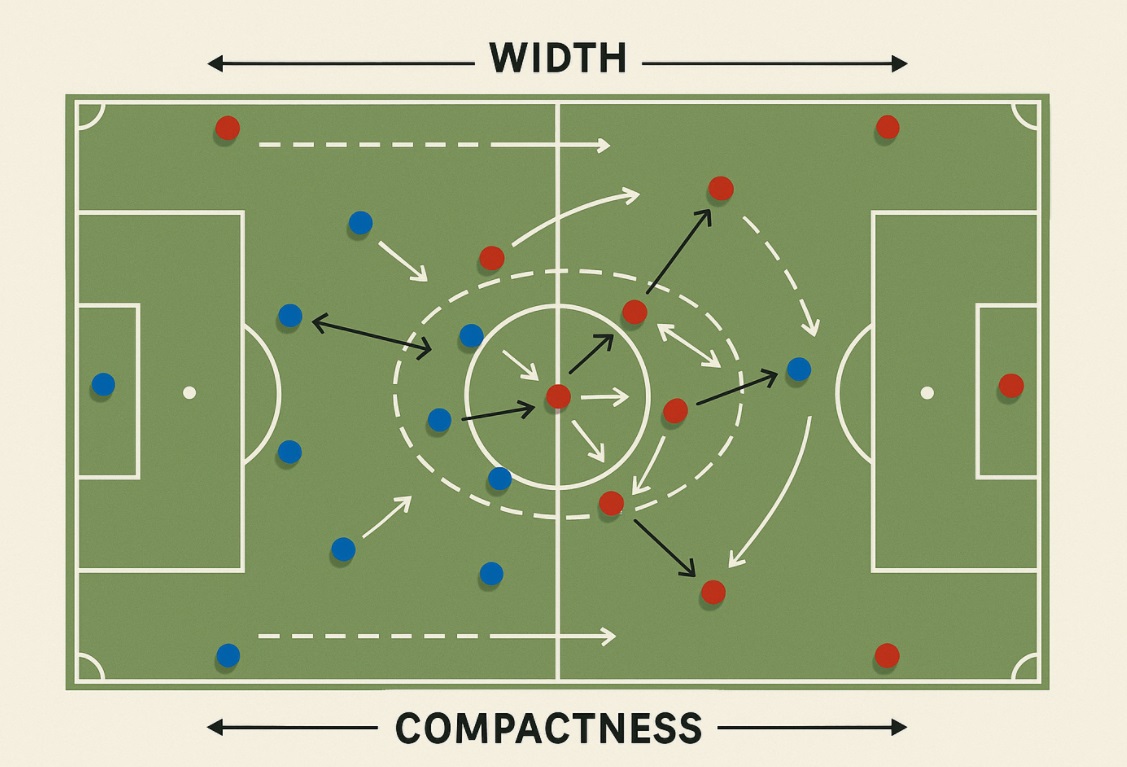 "Illustration av en taktisk matchanalys i fotboll, med en fotbollsplan sedd ovanifrån, spelare markerade som röda och blå punkter, samt pilar som visar rörelser och passningar. Fokus på bredd och kompakt försvar."