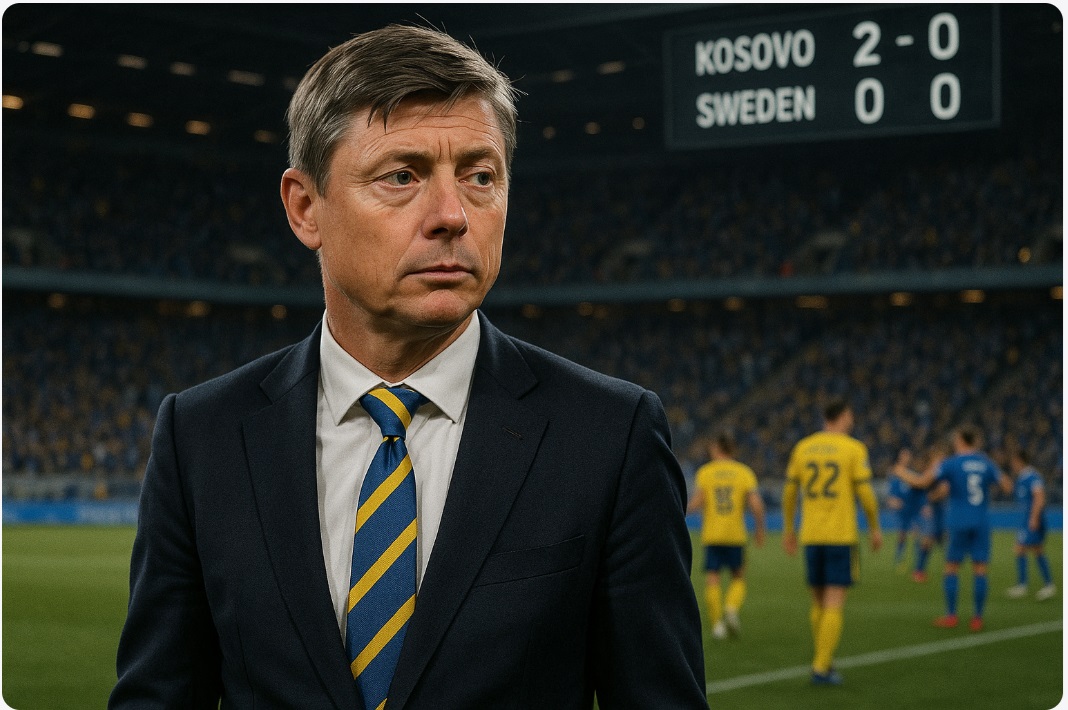 Jon Dahl Tomasson, Sveriges förbundskapten, ser bekymrad ut på sidlinjen under en fotbollsmatch. Bakom honom syns svenska spelare i gula och blå tröjor och Kosovos lag i bakgrunden. På resultattavlan står det "Kosovo 2 - 0 Sweden".